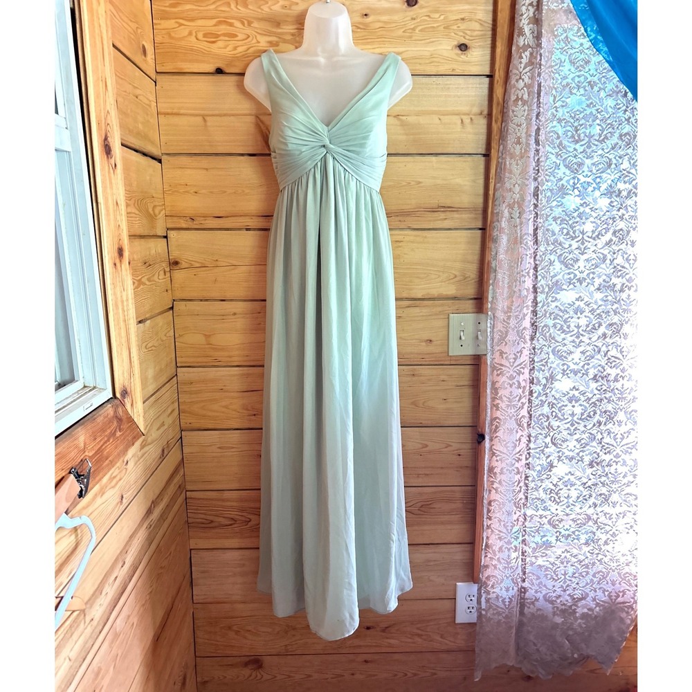 Maxi Bridesmaid Dress Womens Size 6 Mint Green V-Neck‎ Chiffon Azazie Prom Grad